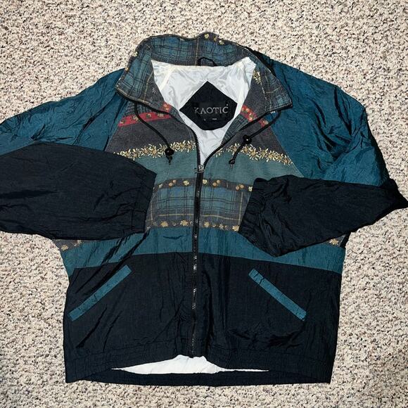 Vintage 90s Kaotic‎ Green Flower Print Windbreaker Unisex Size Large - Picture 1 of 6
